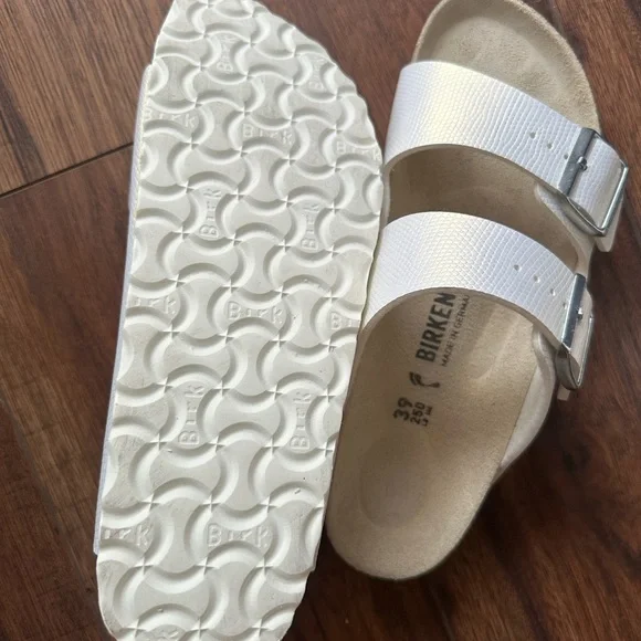 Birkenstock White Sandals with Silver Buckles - Picture 3 of 4